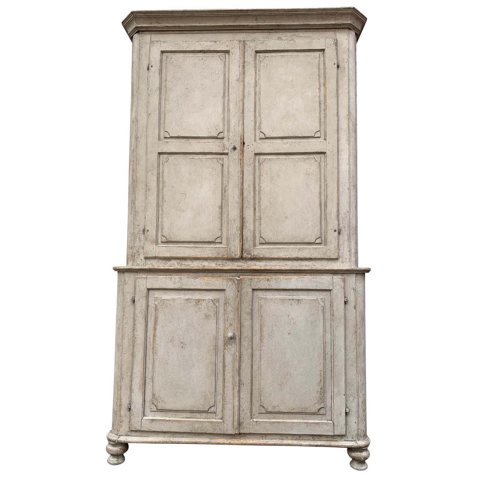 Swedish Gray Painted Gustavian Two-Piece Cabinet or Cupboard, Sweden, Early 19th Century