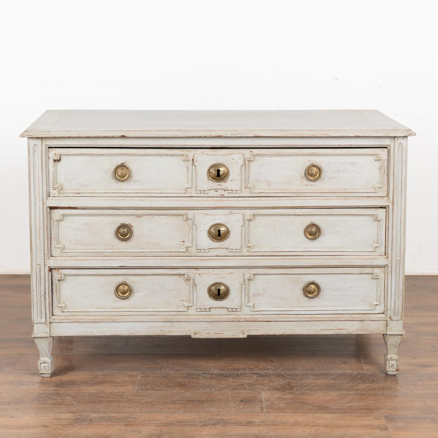 French Gray Painted Large Chest of Three Drawers, France circa 1820-40 For Sale