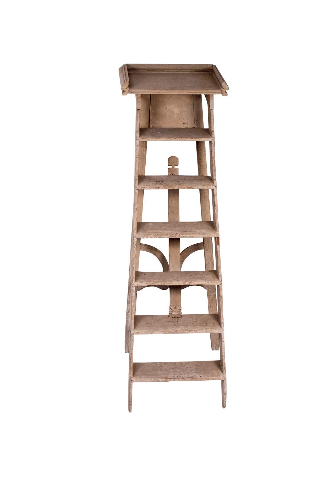 Wood Gray Painted Library Ladder, France, circa 1880