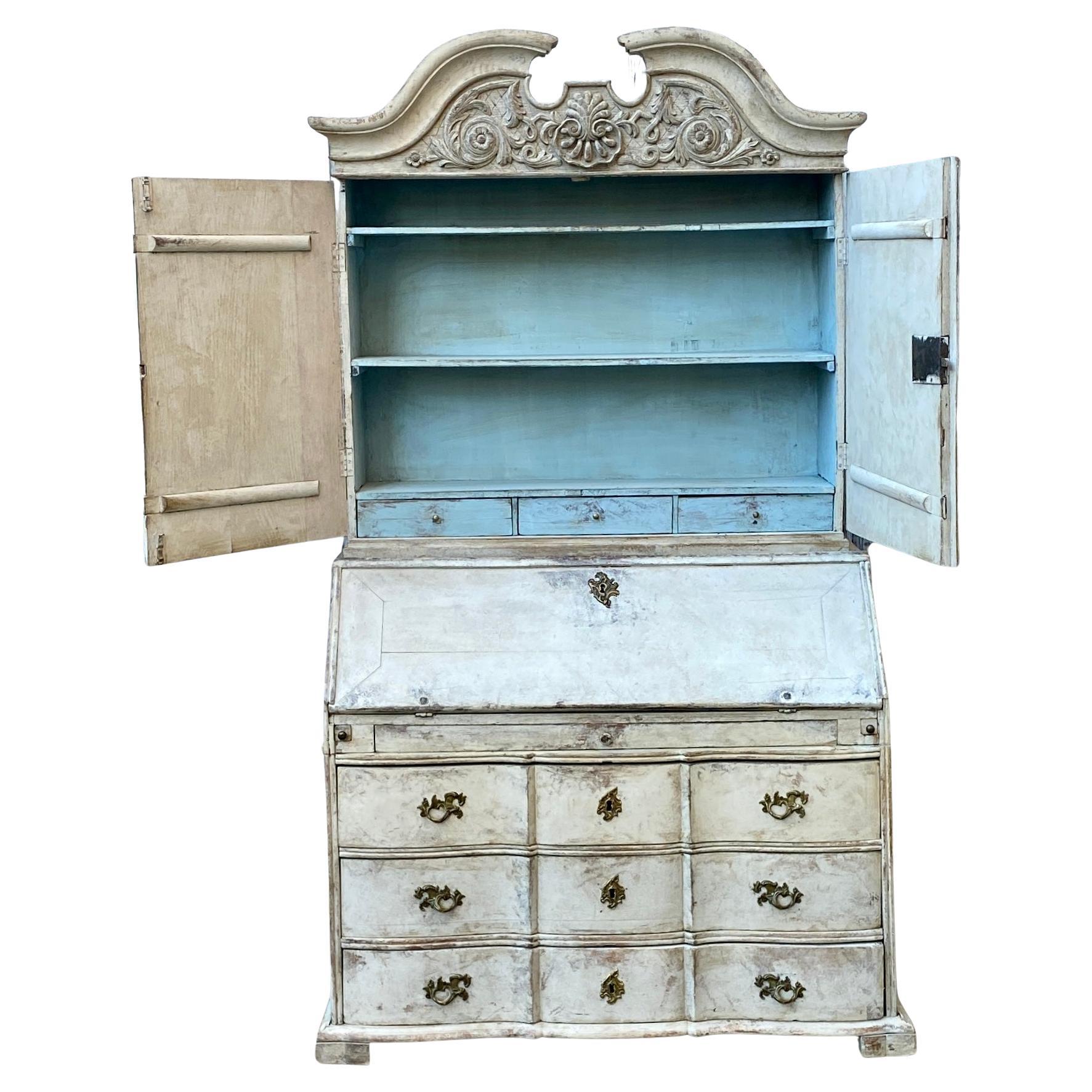 Swedish Gray Painted Rococo Writing Secretary and Cabinet, Sweden, circa 1760s For Sale
