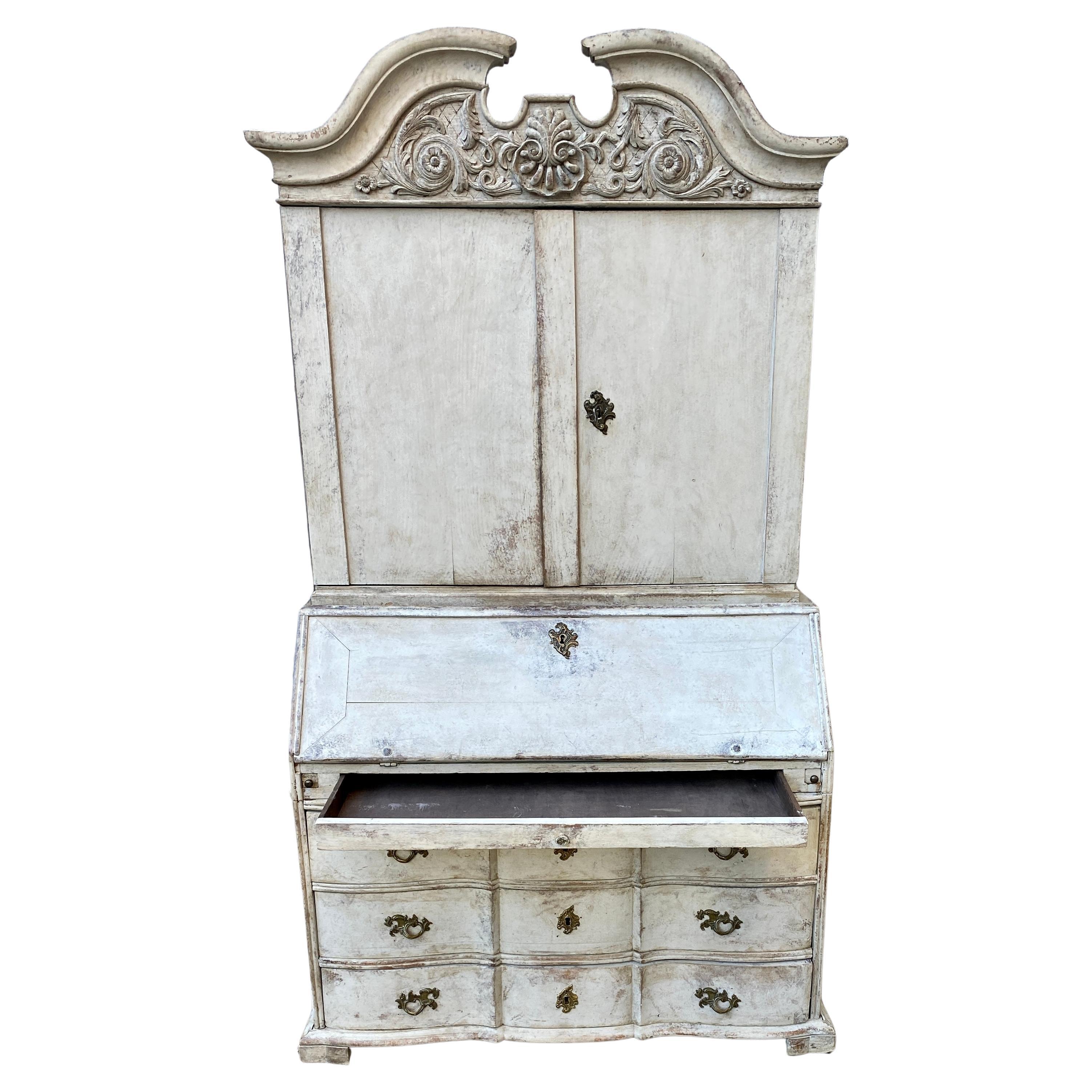 Hand-Painted Gray Painted Rococo Writing Secretary and Cabinet, Sweden, circa 1760s For Sale
