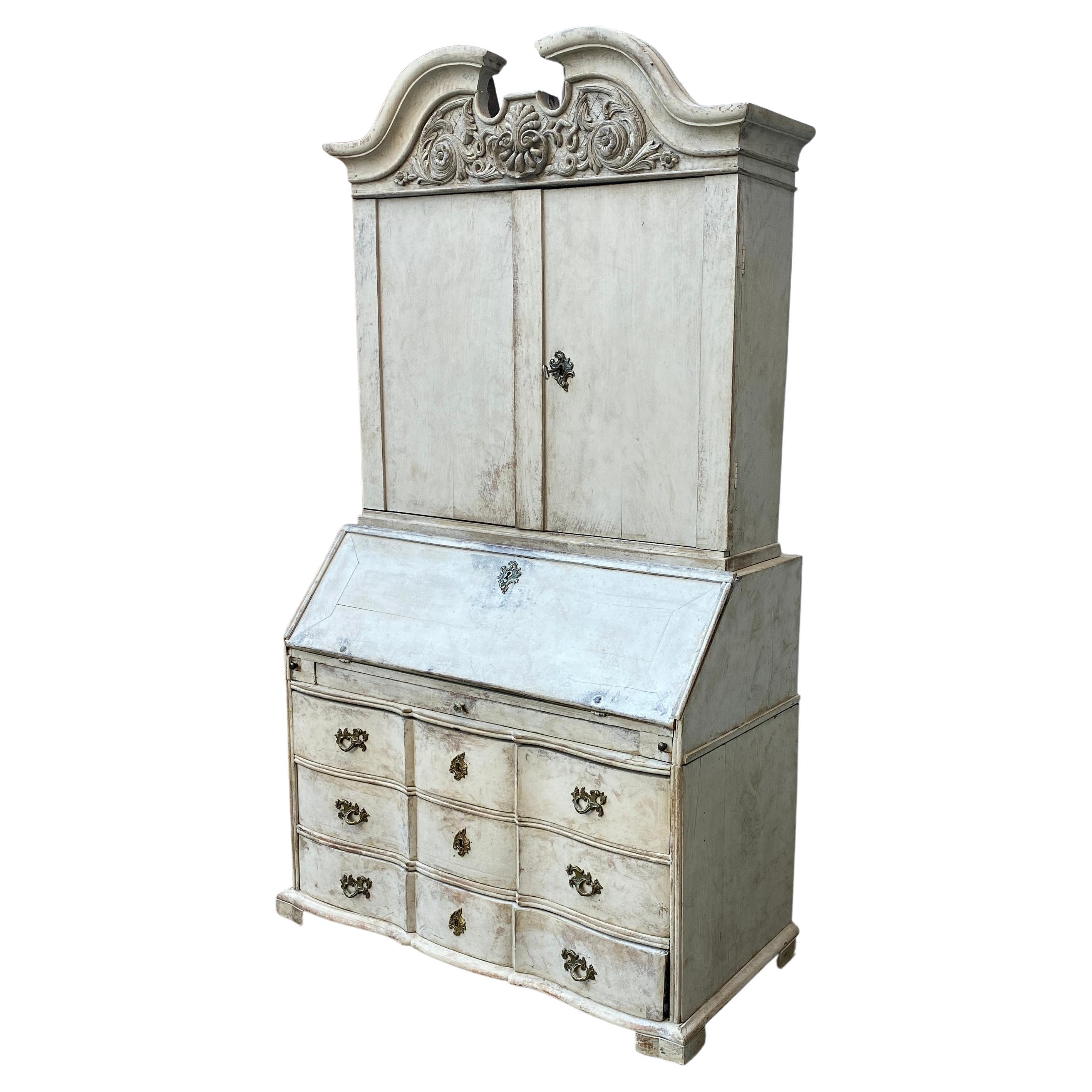 Gray Painted Rococo Writing Secretary and Cabinet, Sweden, circa 1760s In Good Condition For Sale In Haddonfield, NJ
