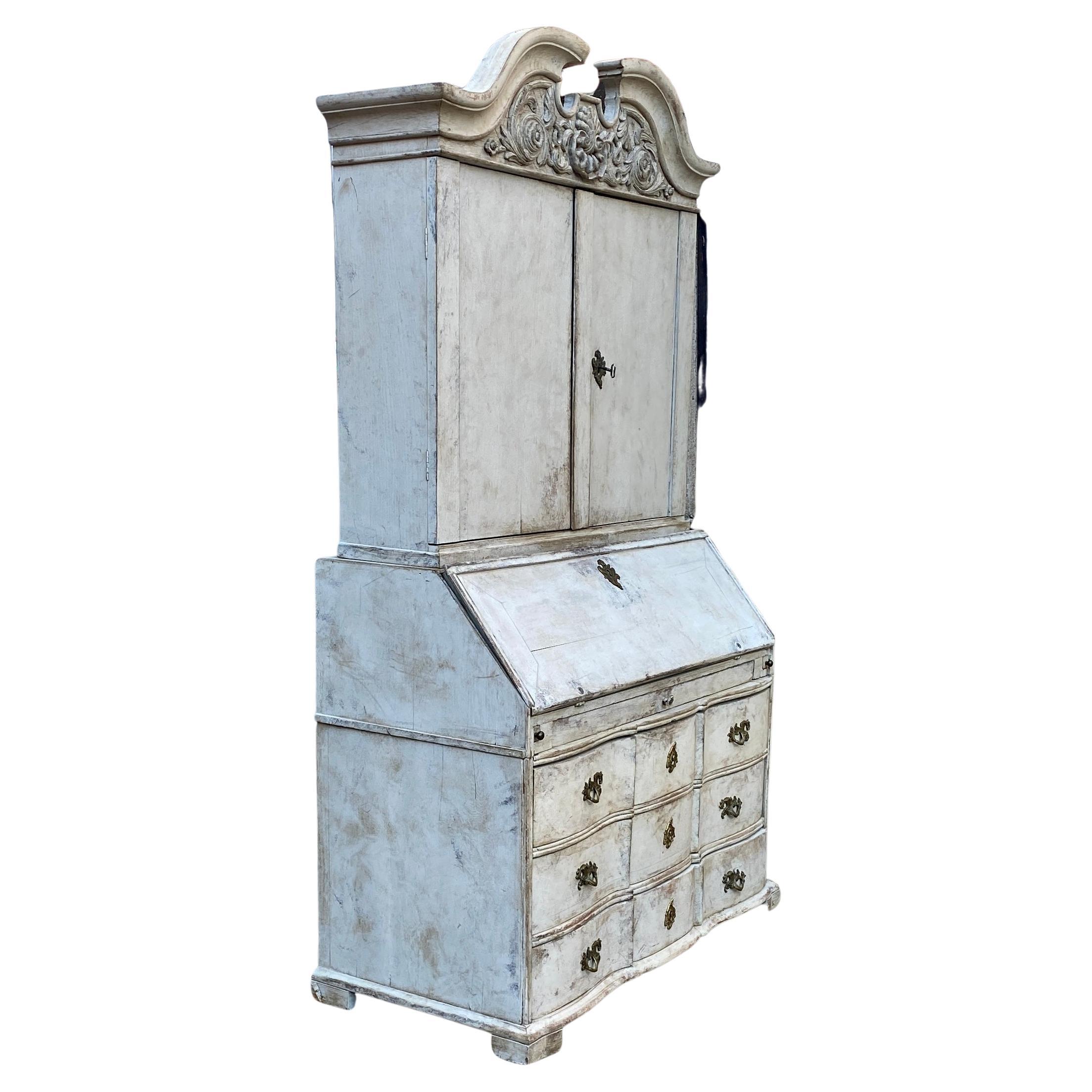 Mid-18th Century Gray Painted Rococo Writing Secretary and Cabinet, Sweden, circa 1760s For Sale