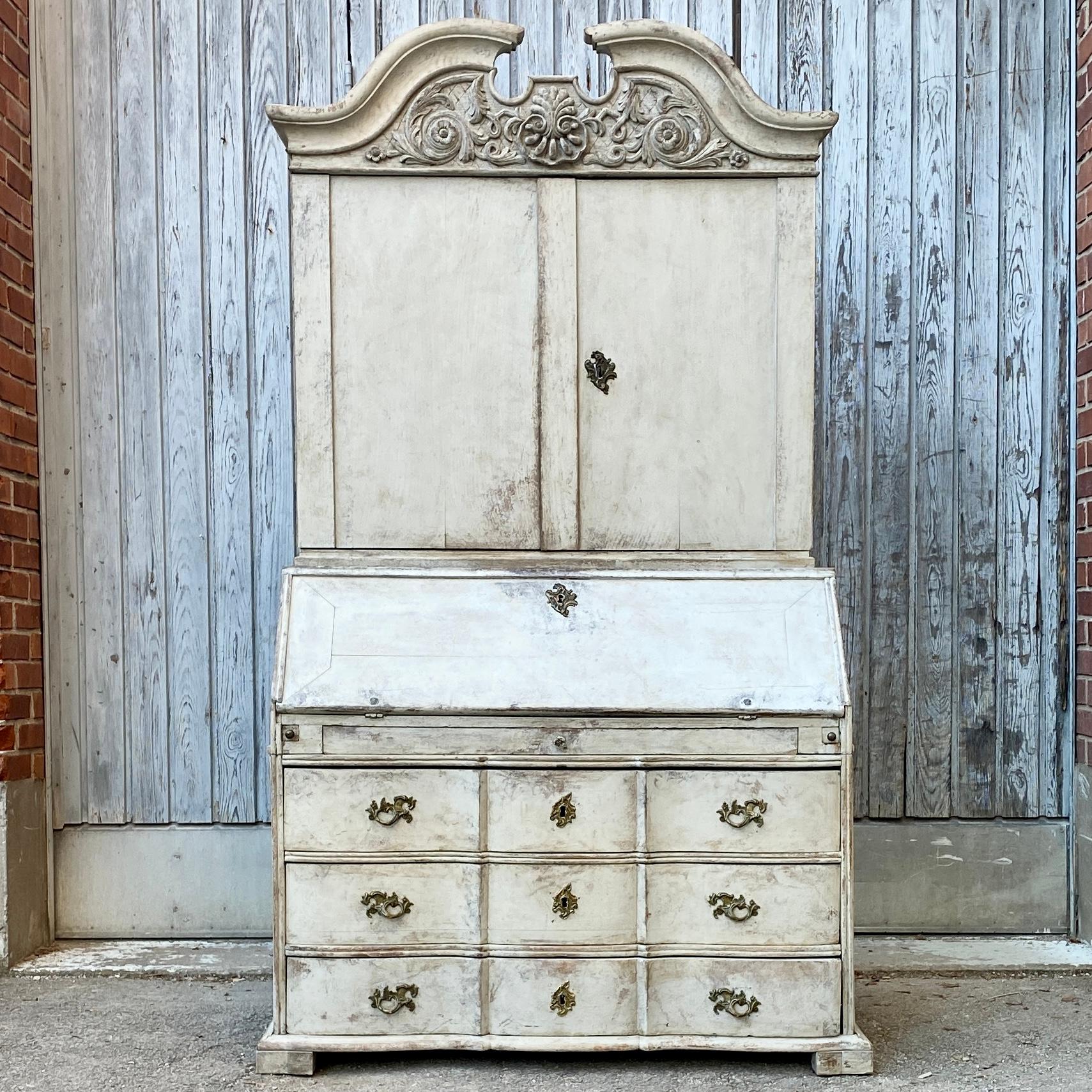 Gray Painted Rococo Writing Secretary and Cabinet, Sweden, circa 1760s For Sale 1
