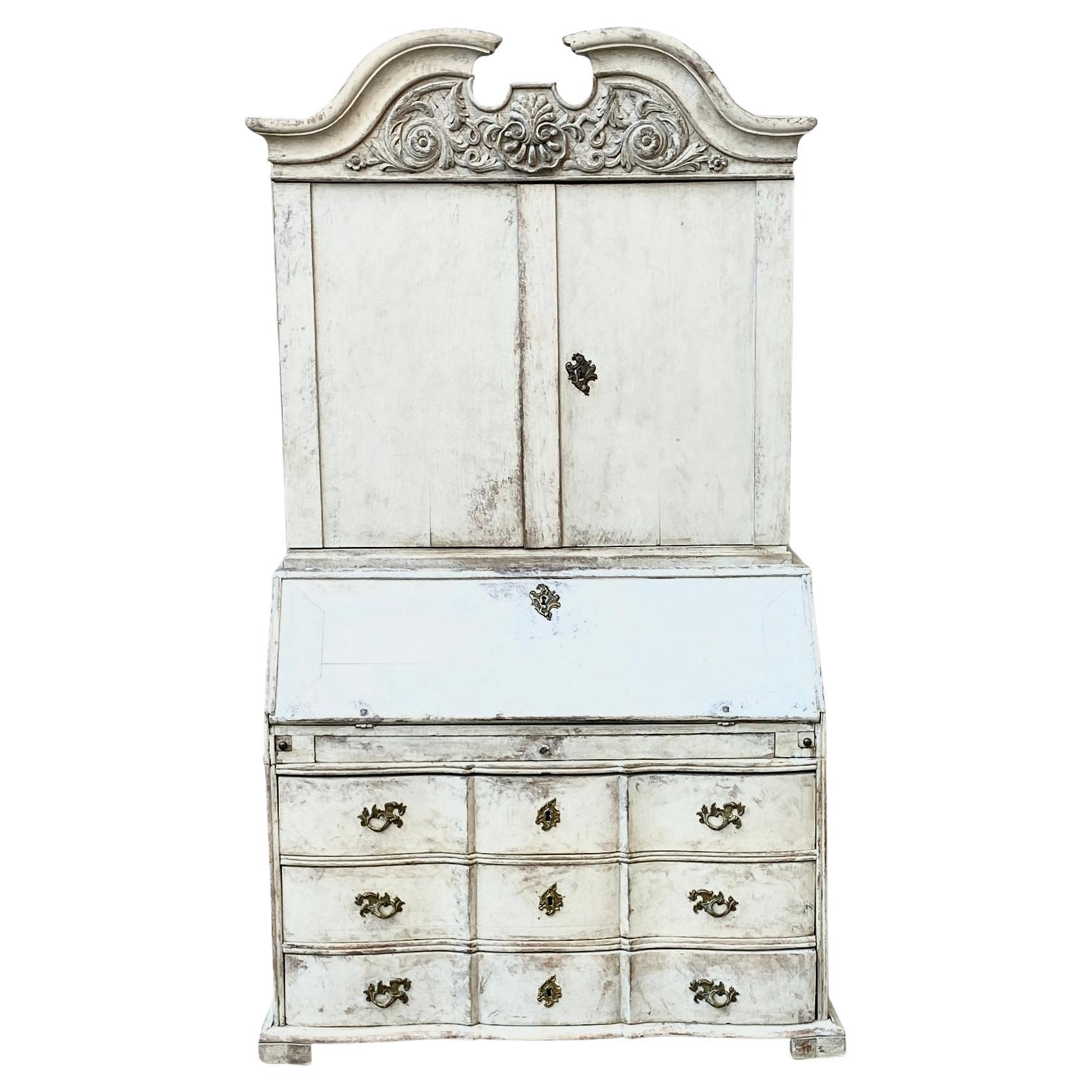 Gray Painted Rococo Writing Secretary and Cabinet, Sweden, circa 1760s For Sale