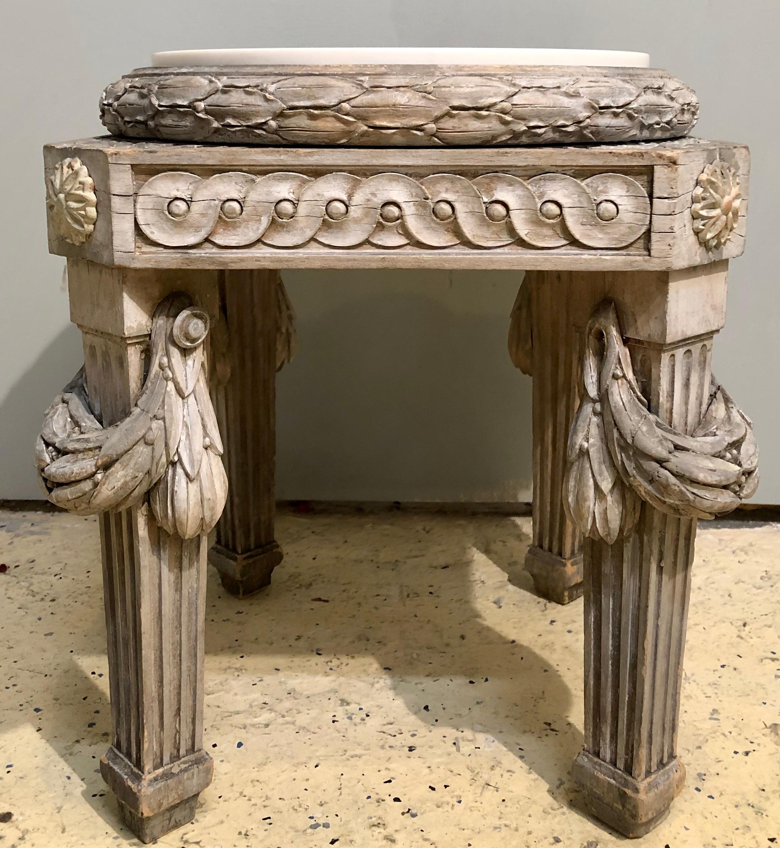 Gray painted Swedish stool with new marble top 19th century beechwood. Simply the sweetest little bench having a later date white marble top as it was used as a pedestal.

Provenance:
A Greenwich CT Estate.
Philippe Vichot
Christie's, France.