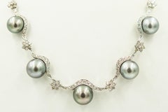 Gray Pearl and Diamond Floral Swag White Gold Necklace