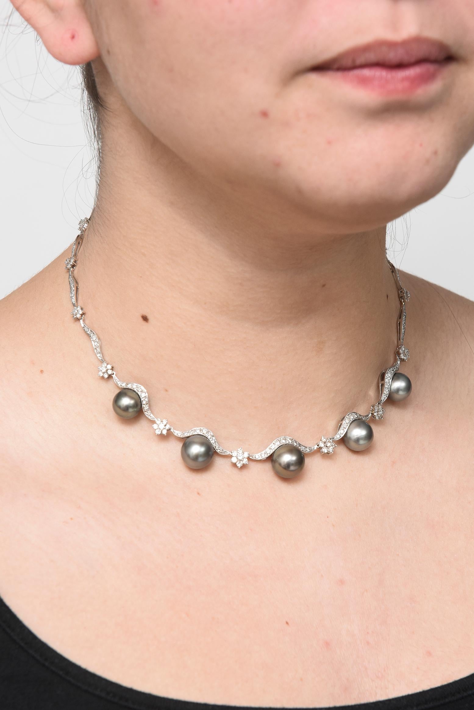 Gray Pearl and Diamond Floral Swag White Gold Necklace For Sale 1