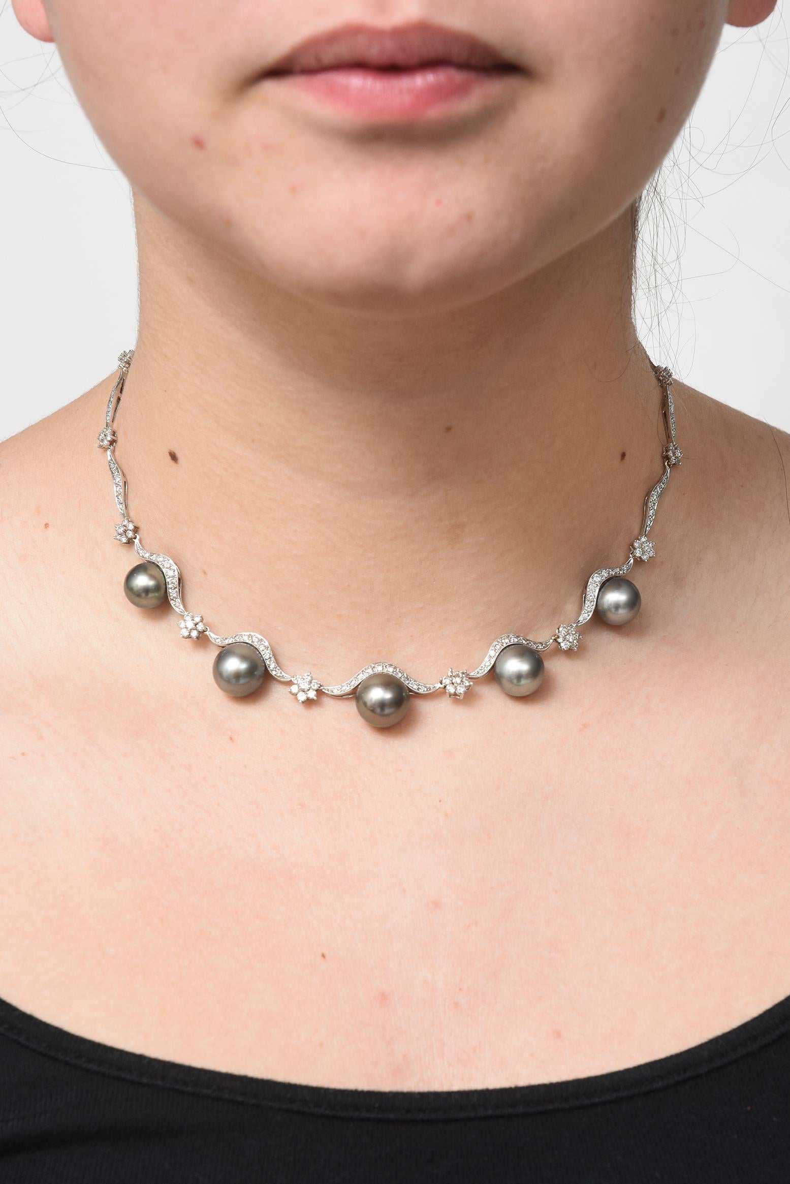 Gray Pearl and Diamond Floral Swag White Gold Necklace For Sale 2
