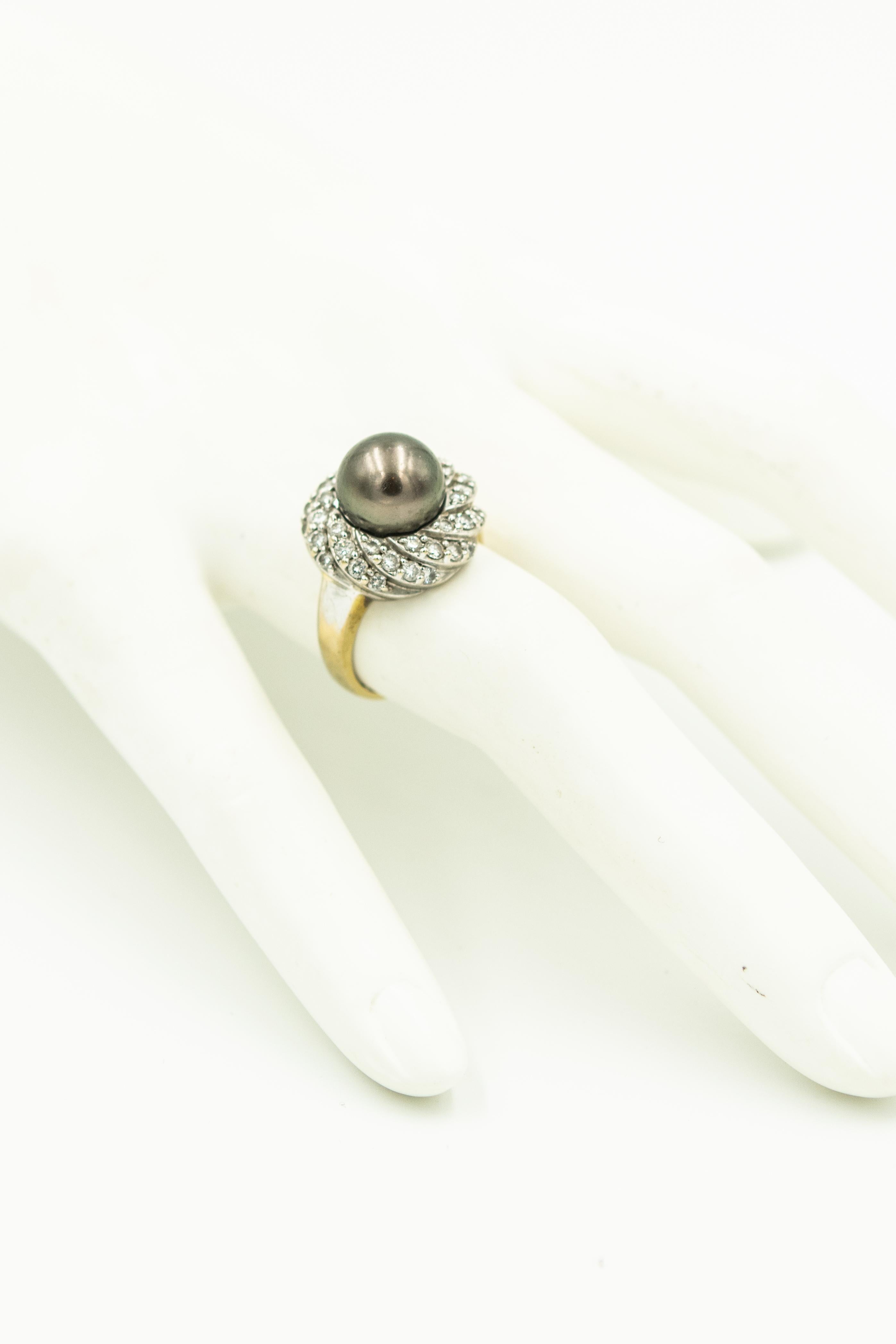 Gray Pearl and Diamond White Gold Cocktail Ring and Earrings Suite Set 2