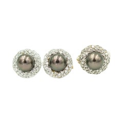 Gray Pearl and Diamond White Gold Cocktail Ring and Earrings Suite Set