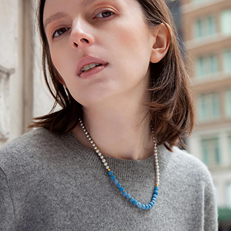 Women's Gray Pearl Denim Beads Necklace -by Bombyx House For Sale