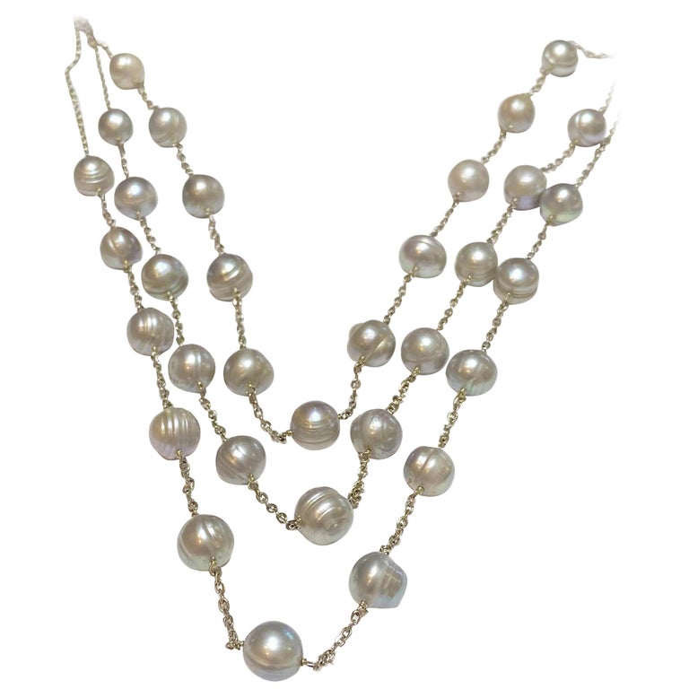 Gray Pearl Necklace, Tin Cup Layered Freshwater Pearl Necklace