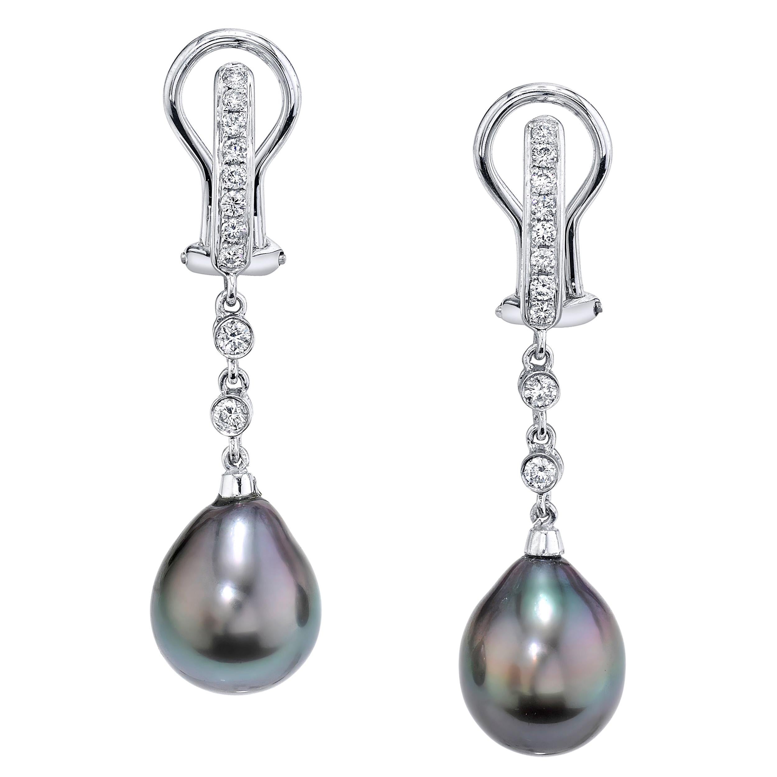 Smoky Grey Pearl and Diamond 18k White Gold French Clip Dangle Drop Earrings