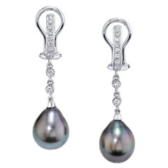 Smoky Grey Pearl and Diamond 18k White Gold French Clip Dangle Drop Earrings