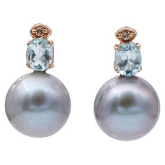 Perles grises:: diamants:: aigue-marine:: boucles d'oreilles en perles d'or rose 14 carats