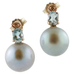 Gray Pearls, Diamonds, Aquamarines, Rose Gold Drop Beaded Earrings