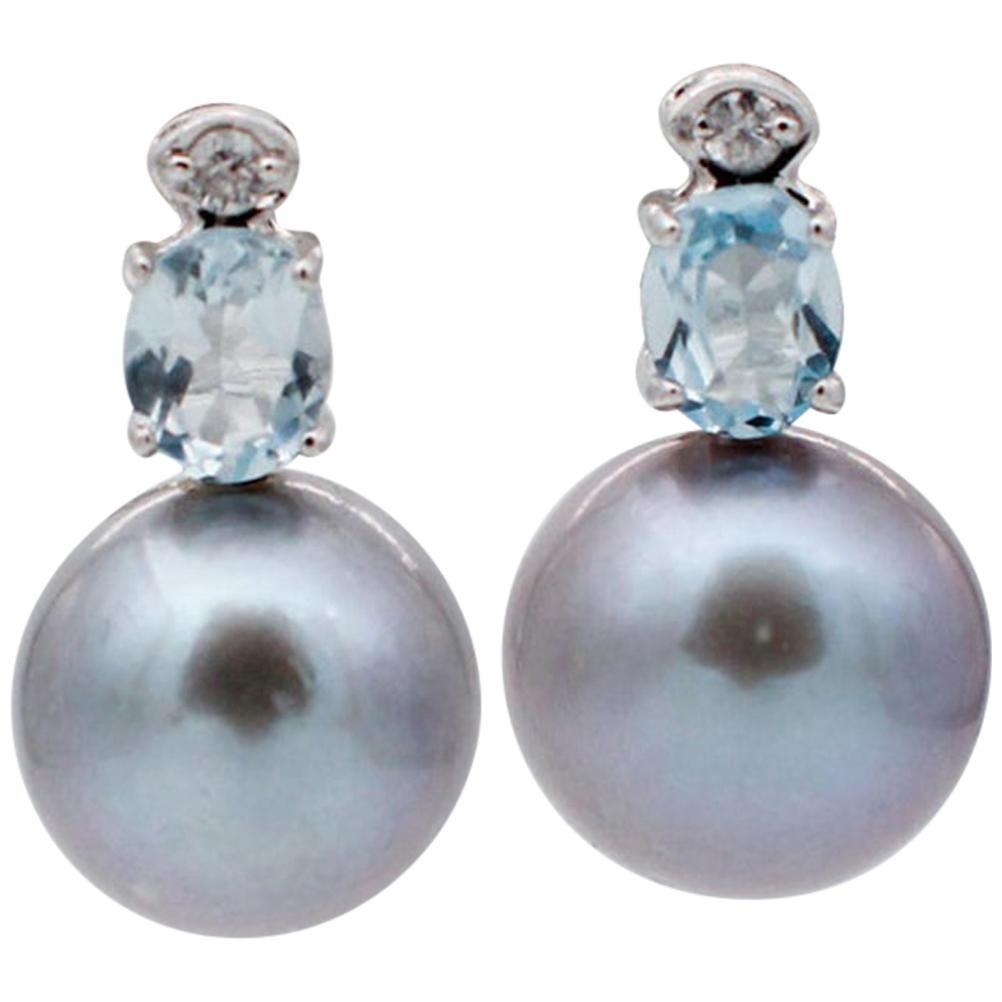 Gray Pearls, Diamonds, Topazs, 18 Karat White Gold Drop Beaded Earrings