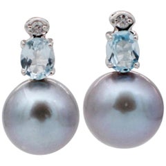 Gray Pearls, Diamonds, Topazs, 18 Karat White Gold Drop Beaded Earrings