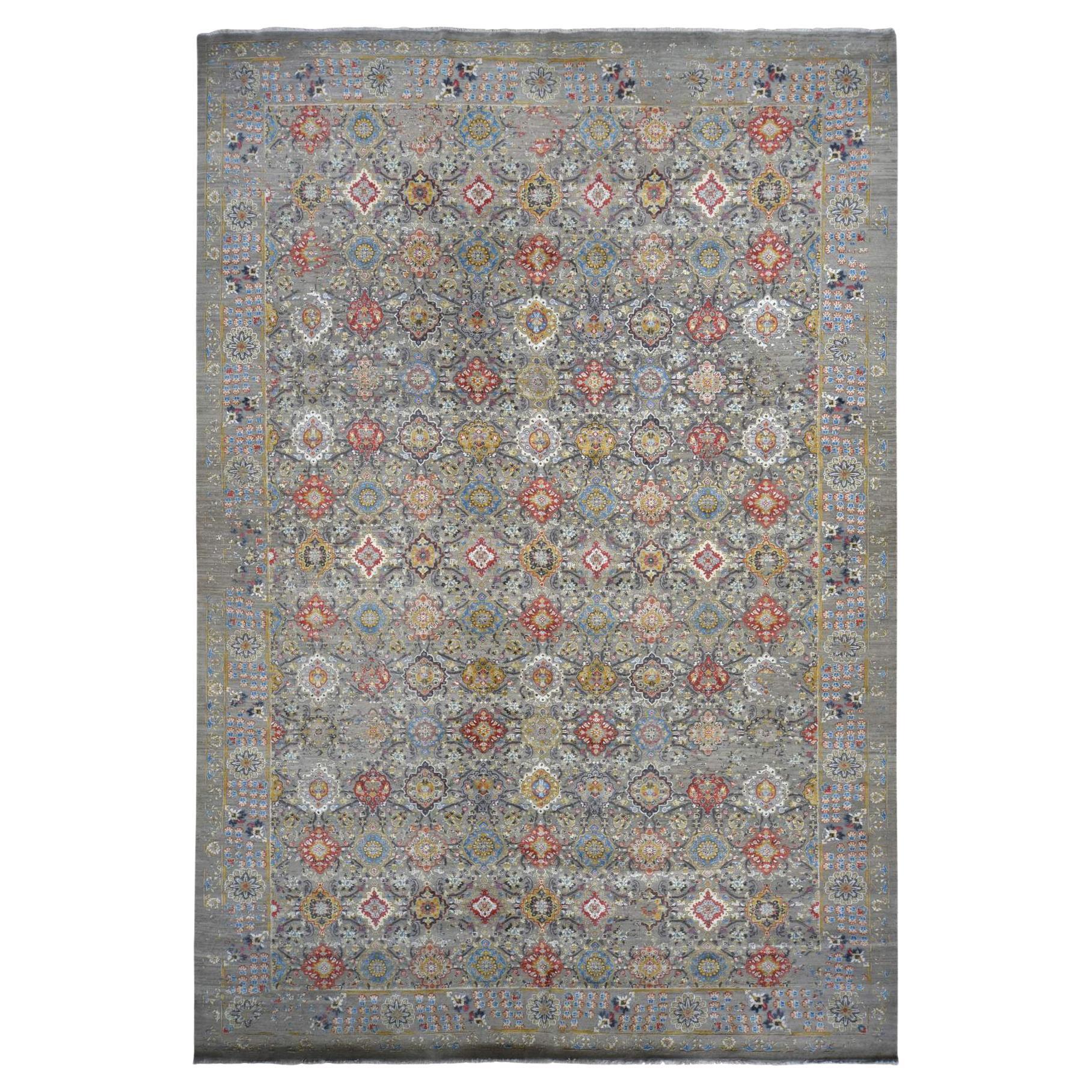 Grau Persisch Inspiriert Design Wolle und Seide Hand geknüpft überdimensioniert Teppich 12' x 18' im Angebot