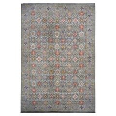 Alfombra de gran tamaño anudada a mano de lana y seda gris de inspiración persa 12' x 18'