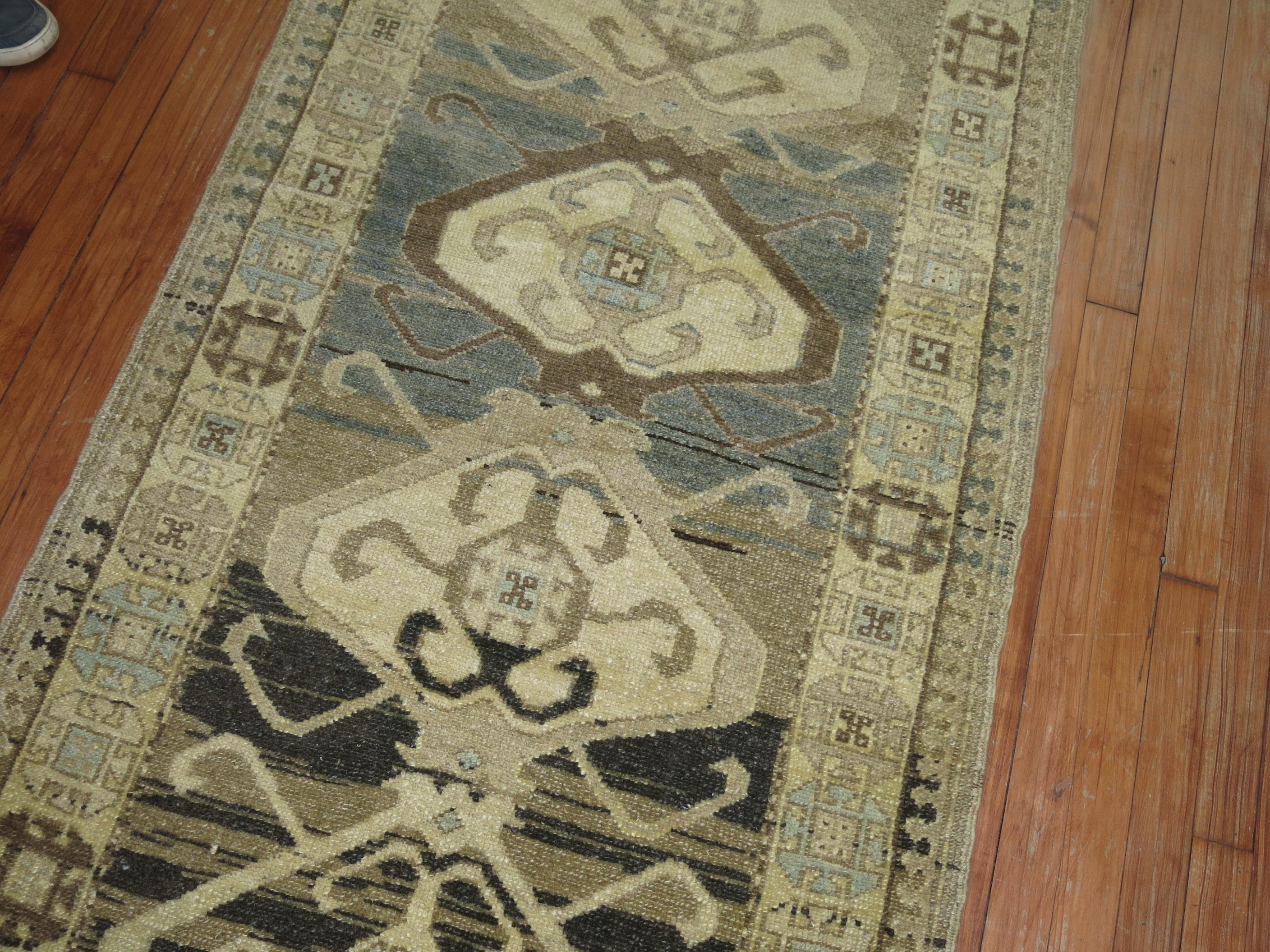 A highly decorative earth toned abrashed Persian Malayer runner. In charcoals, soft blues and grays. circa 1930

3'1'' x 10'