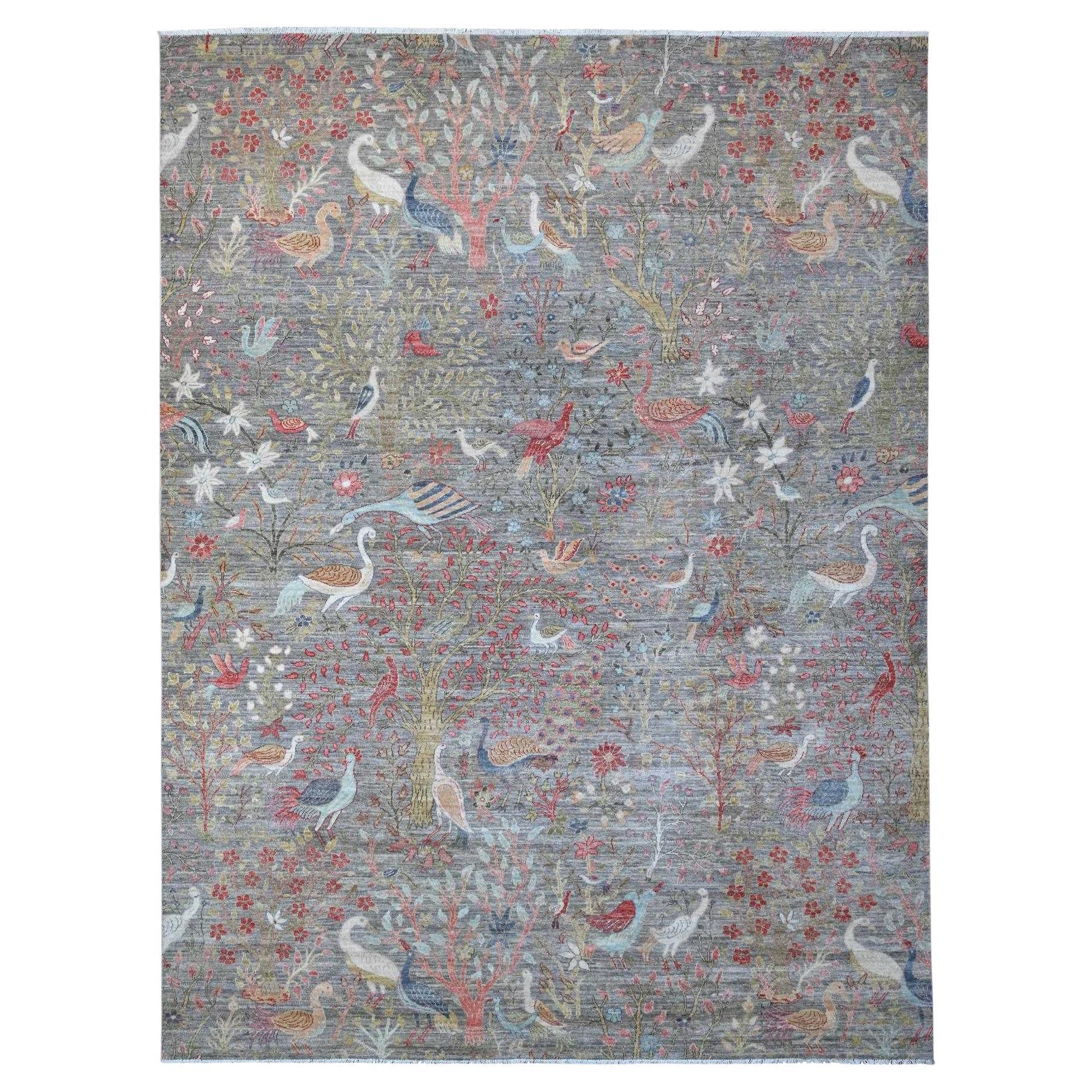 Gray Peshawar Birds of Paradise Hand Knotted All Wool Oriental Rug 9'0" x 11'11"