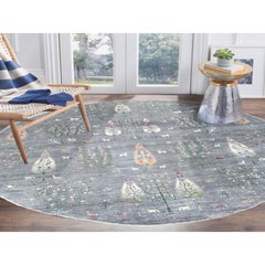Gray Peshawar Folk Art Cypress Tree Design Hand Knotted Round Rug 12'0" x 12'0"