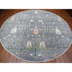 Gray Peshawar Folk Art Cypress Tree Design Hand Knotted Round Rug 12'0" x 12'0"