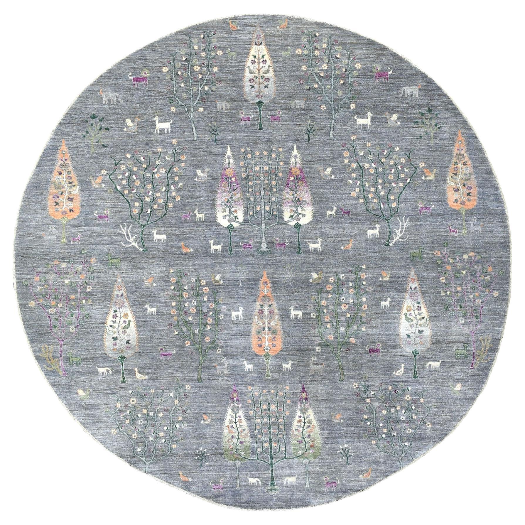 Graue Peshawar Folk Art Zypressen Baum Design Hand geknüpft Runde Teppich 12'0" x 12'0"