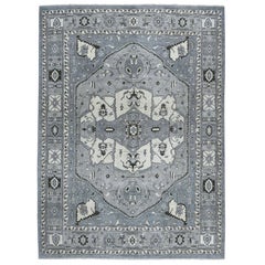 Gray Peshawar with Heriz Design Pure Wool Hand Knotted Oriental Rug