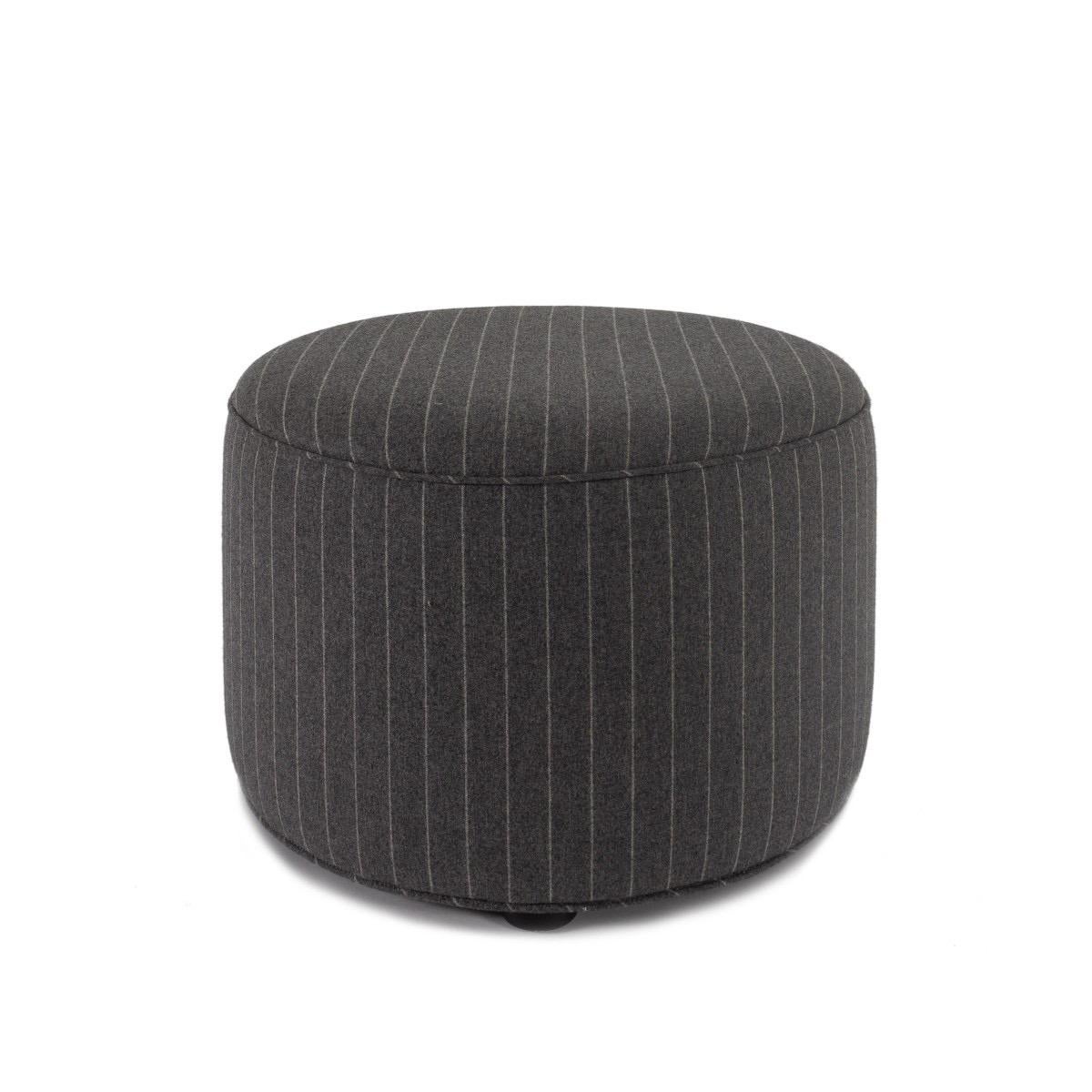 A pair of gray pinstripe flannel upholstered poufs. Round.

Dimensions: 24