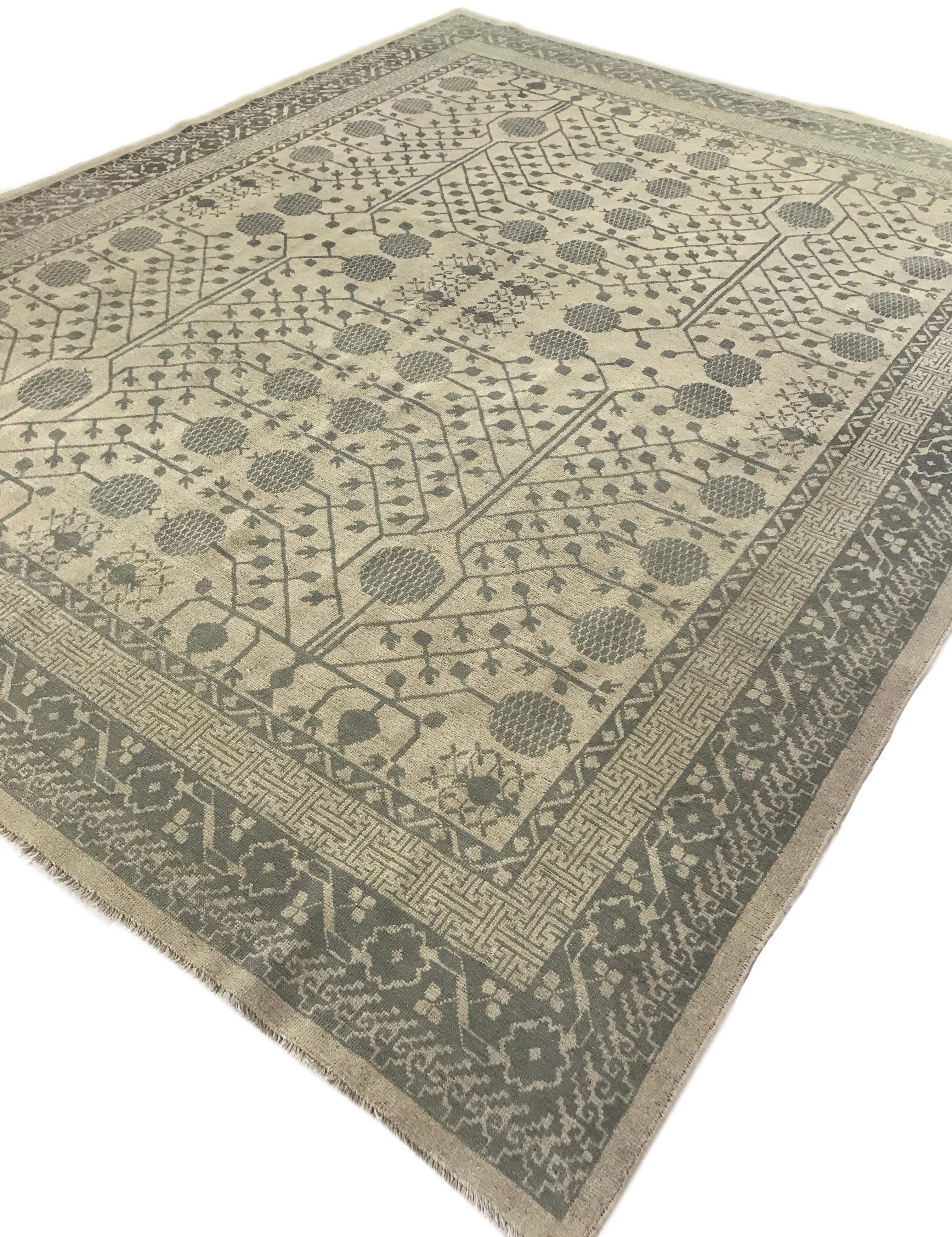 Pakistani Gray Pomegranate Design Hand Knotted Wool Area Rug For Sale