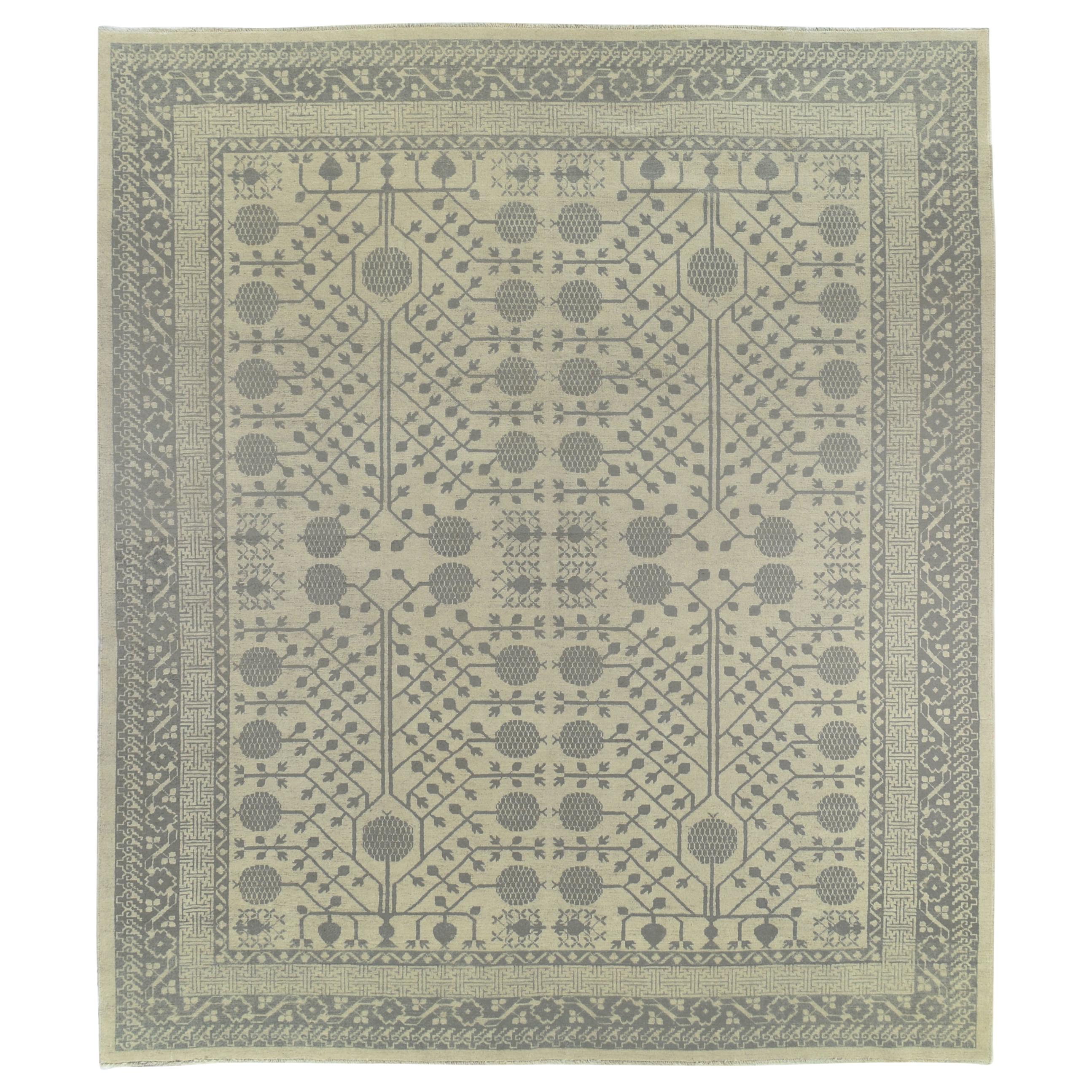 Gray Pomegranate Design Hand Knotted Wool Area Rug For Sale