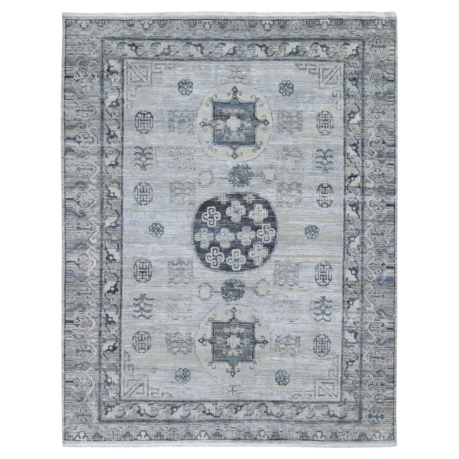 Gray Pure Silk with Textured Wool Khotan Design Hand Knotted Rug 7'9" x 9'10"