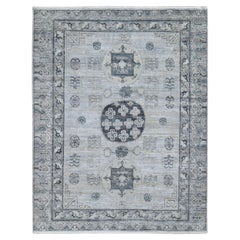 Gray Pure Silk with Textured Wool Khotan Design Hand Knotted Rug 7'9" x 9'10"
