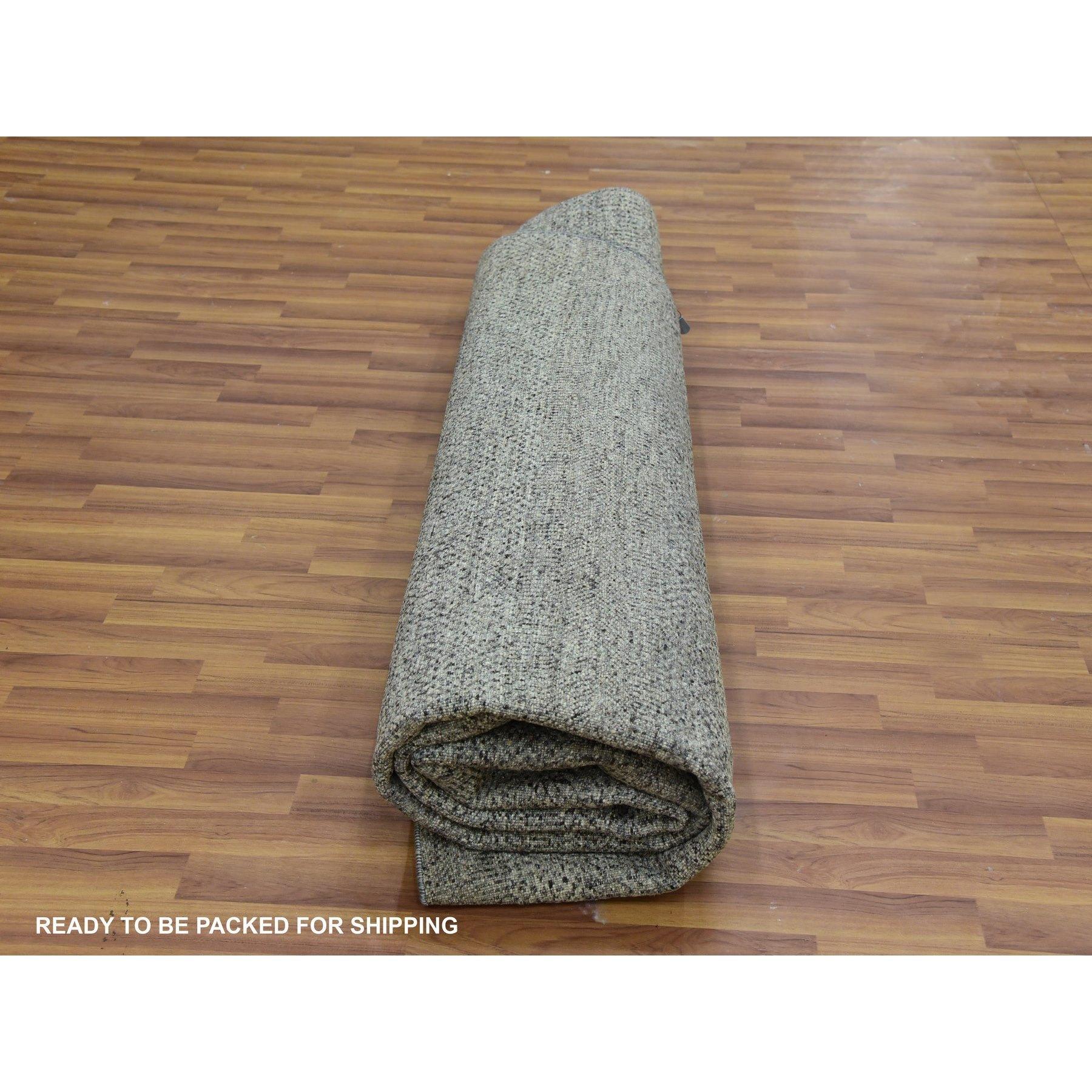 Tappeto rotondo grigio in pura lana non colorata annodato a mano con design moderno a base di erba 10'0