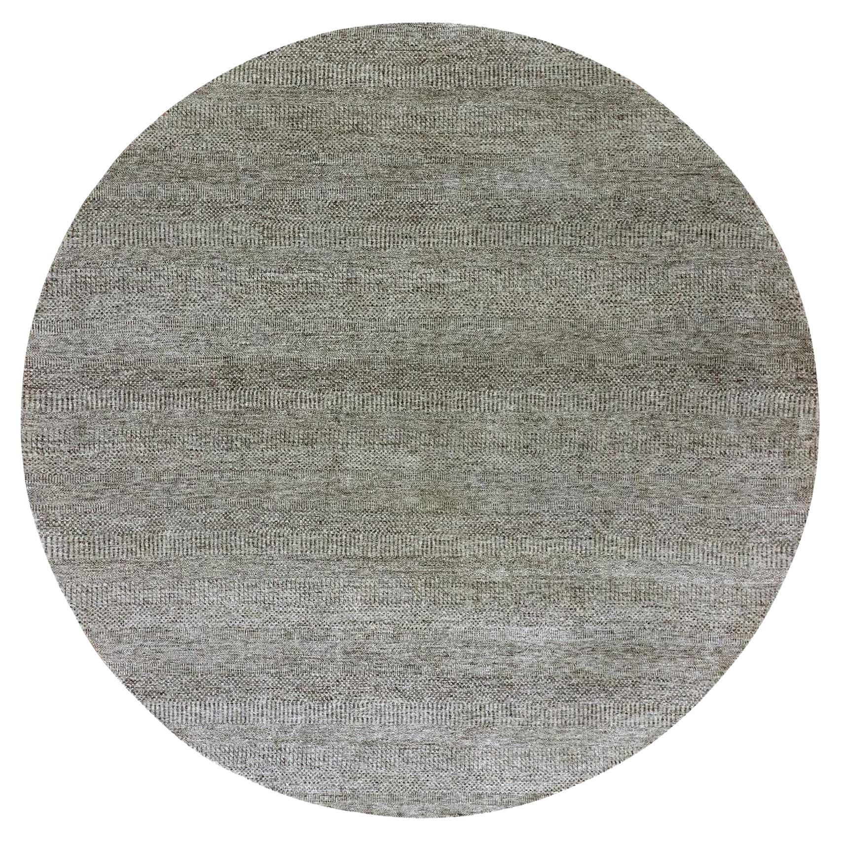Gray Pure Undyed Wool Hand Knotted Modern Grass Design Round Rug 10'0" x 10'0"