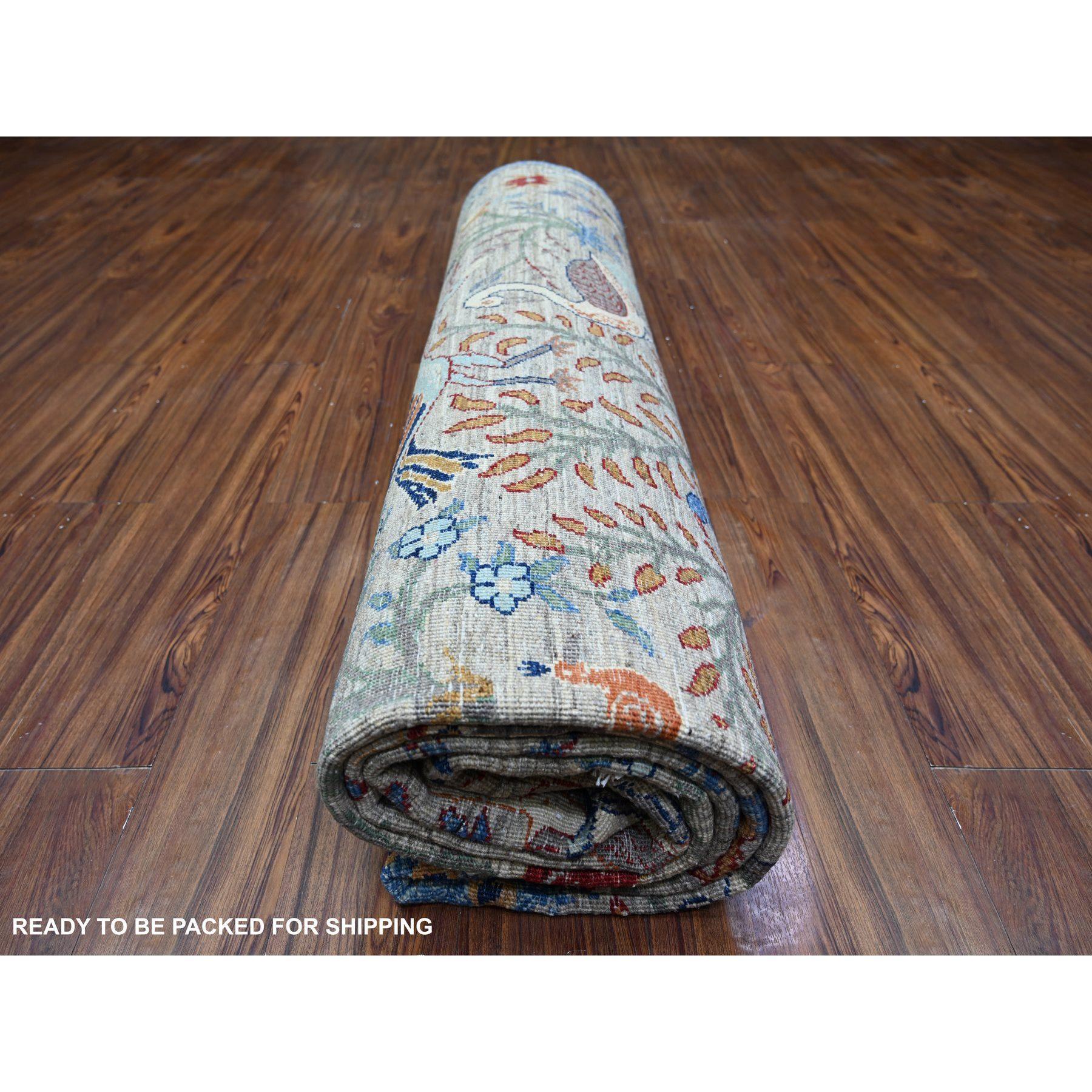 Gray Pure Wool Hand Knotted Bird of Paradise Afghan Peshawar Rug 8'8