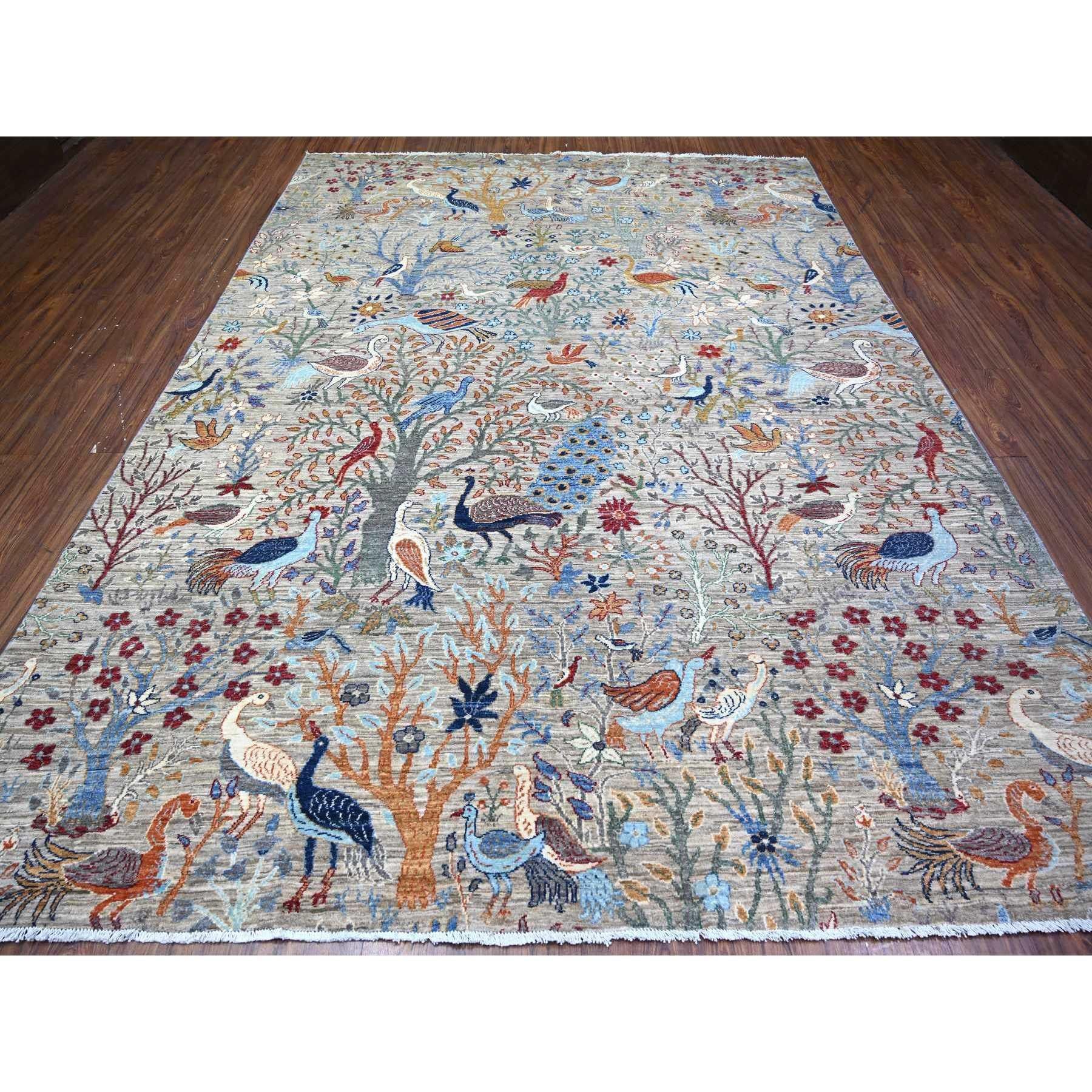 Oushak Gray Pure Wool Hand Knotted Bird of Paradise Afghan Peshawar Rug 8'8