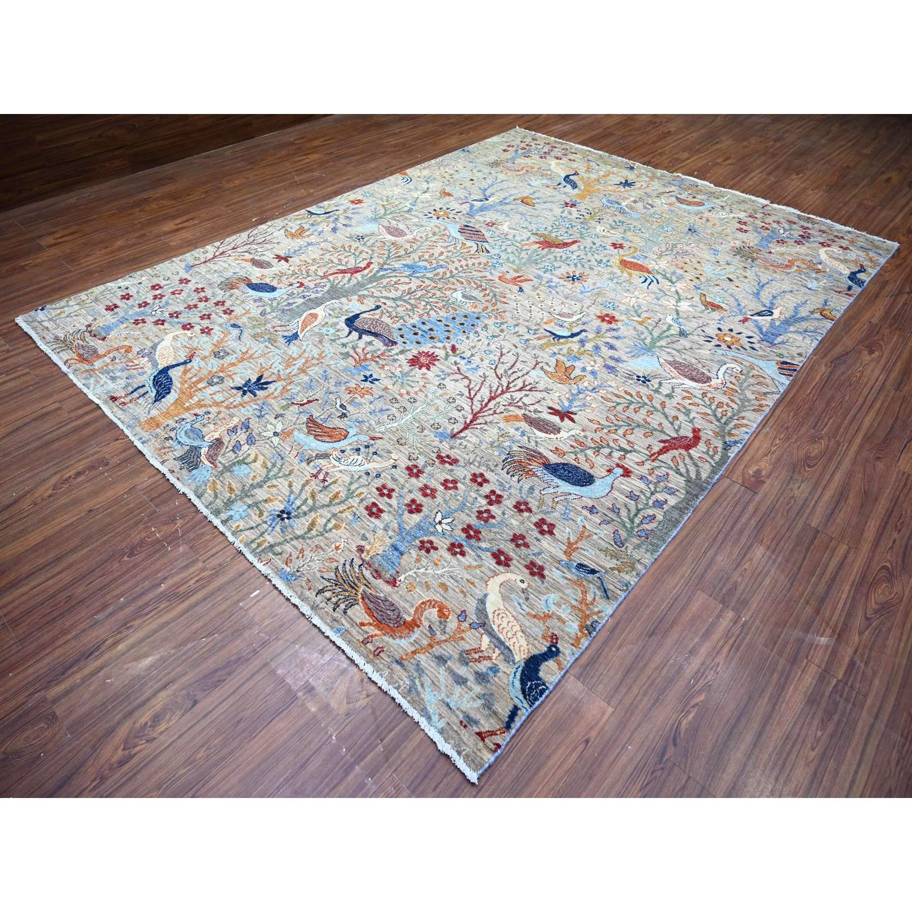 Hand-Knotted Gray Pure Wool Hand Knotted Bird of Paradise Afghan Peshawar Rug 8'8