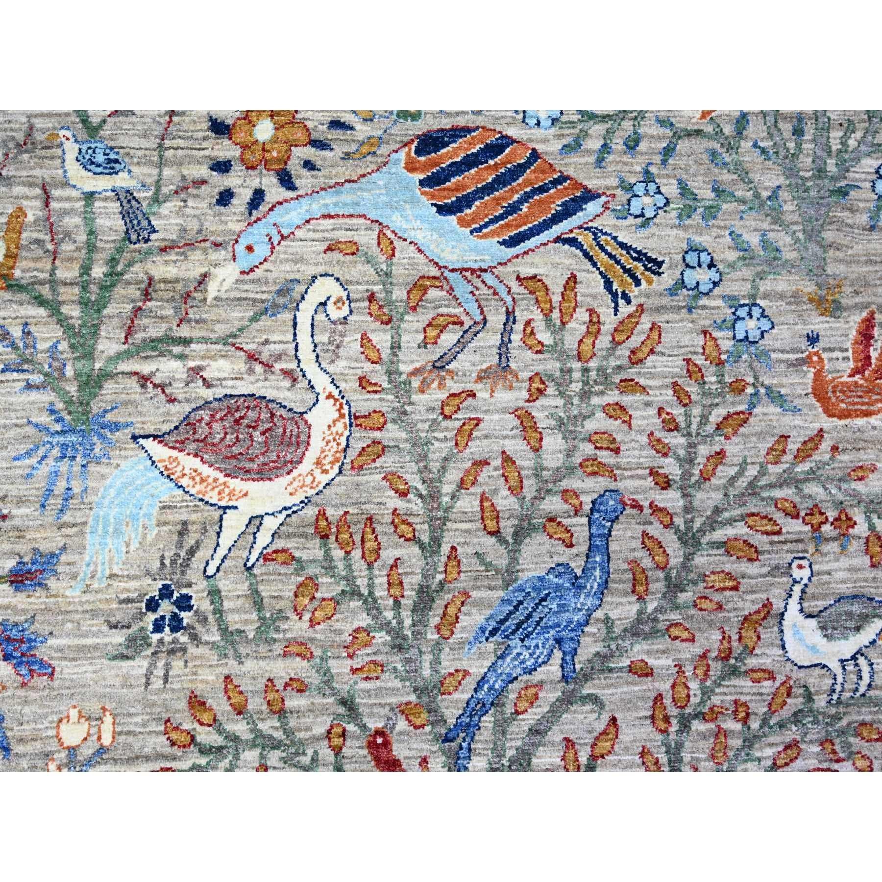 Gray Pure Wool Hand Knotted Bird of Paradise Afghan Peshawar Rug 8'8