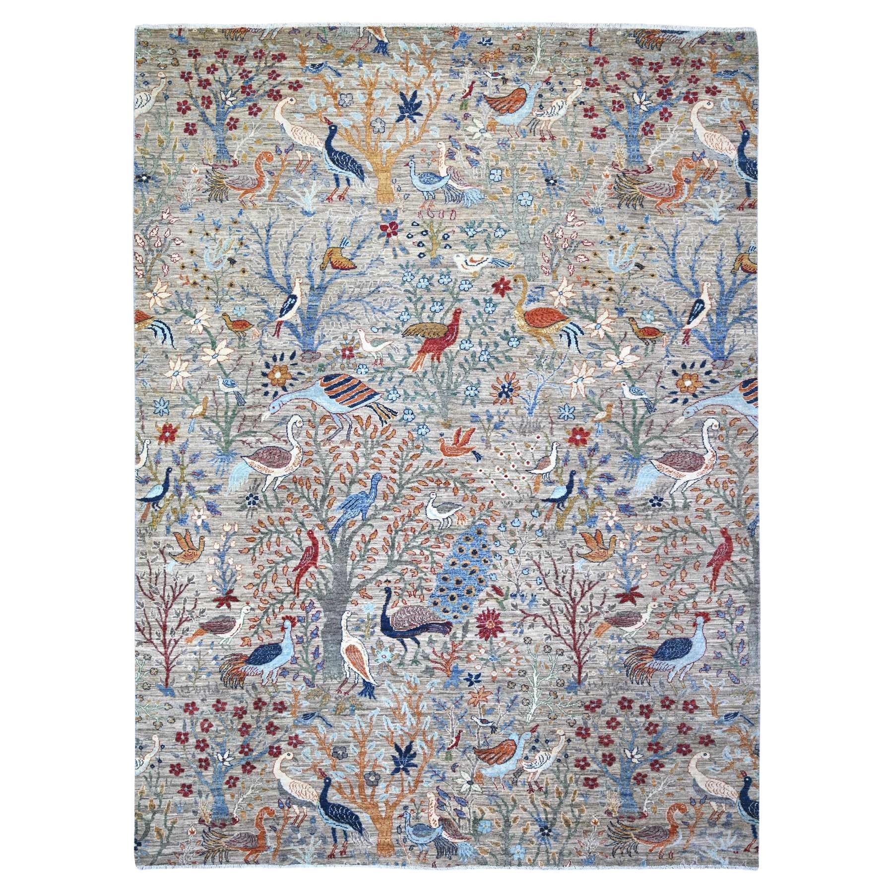 Gray Pure Wool Hand Knotted Bird of Paradise Afghan Peshawar Rug 8'8" x 11'8"