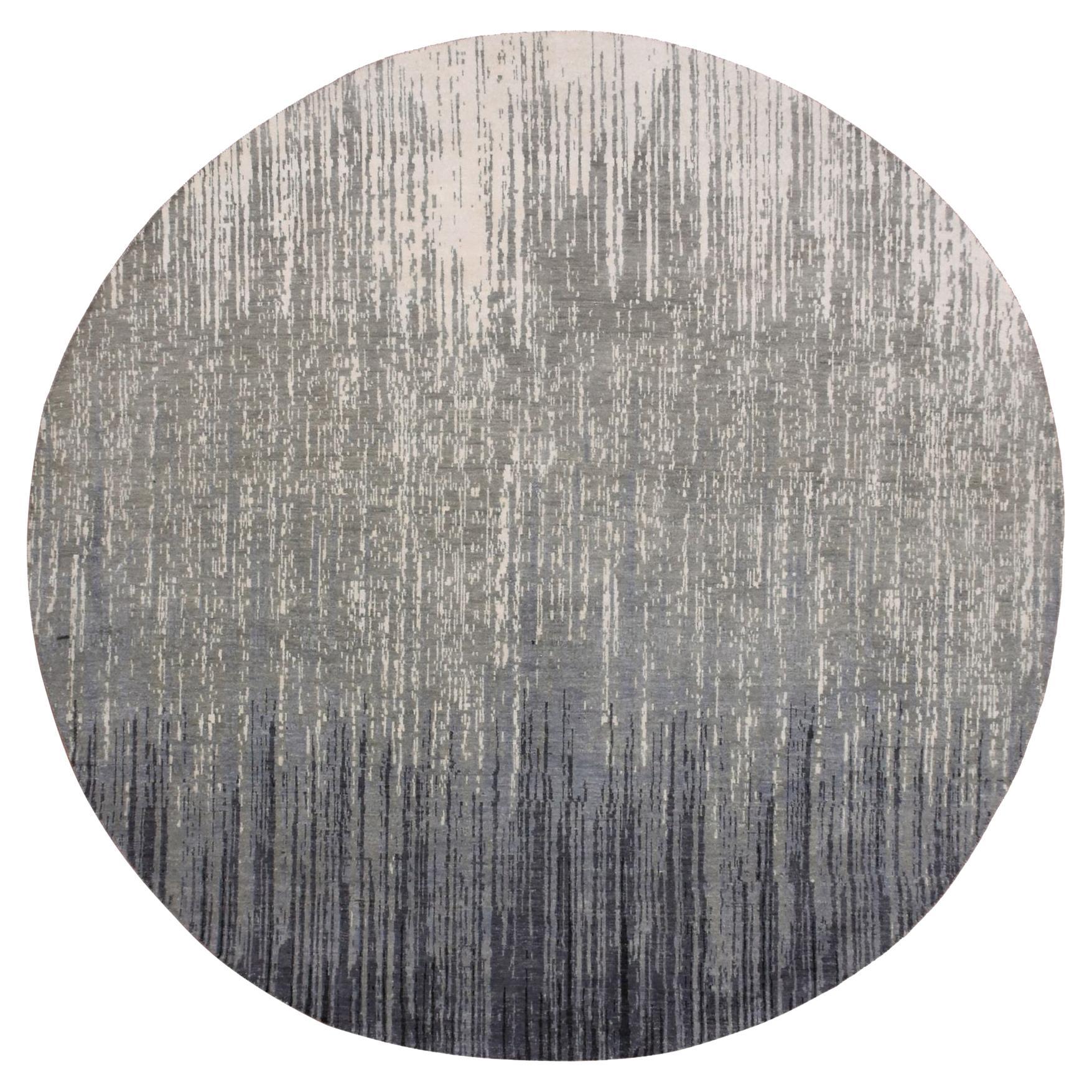 Gray Pure Wool Hand Knotted Modern Ombre Design Round Oriental Rug 7'10" x 8'1" For Sale