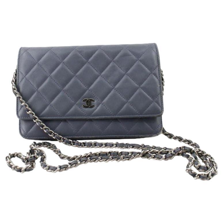 Gray quilted Lambskin leather Chanel Wallet On Chain with silver-tone hardware For Sale