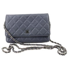 Gray quilted Lambskin leather Chanel Wallet On Chain with silver-tone hardware