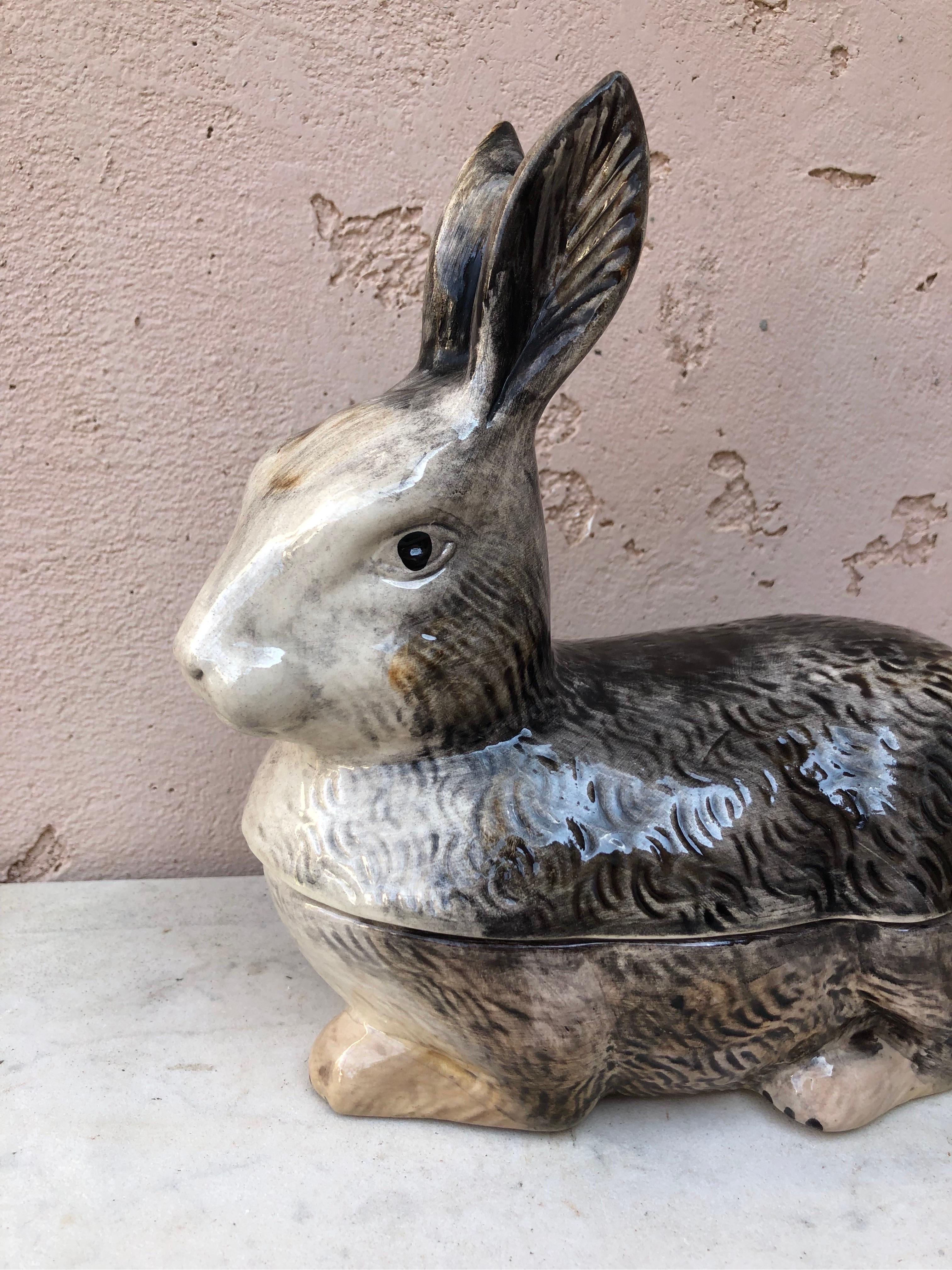 French Majolica gray rabbit tureen signed Caugant, circa 1950.