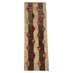 Gray, Red, and Tan Wool Persian Runner Cravate with Geometric Motifs, 2' x 6'