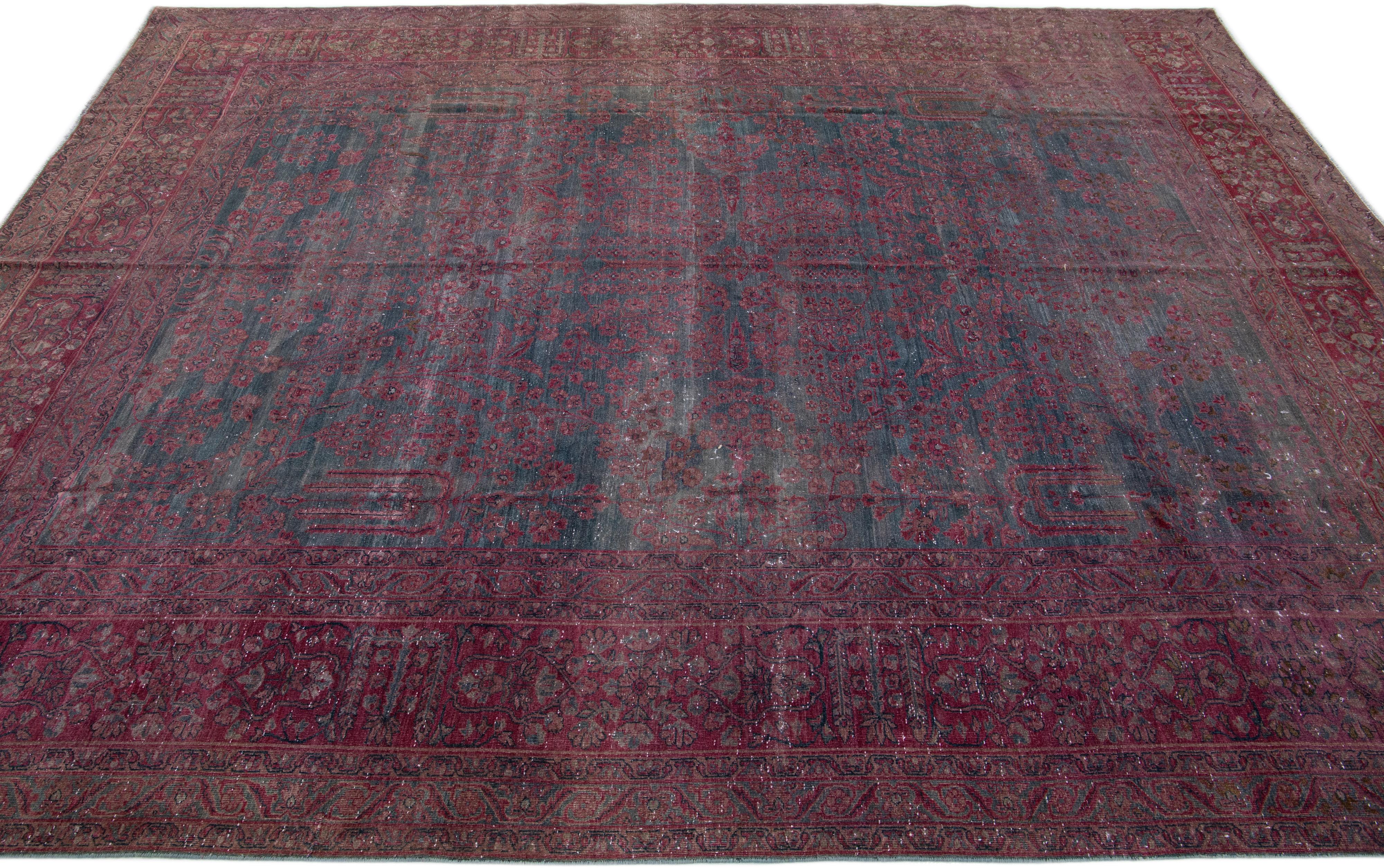 Hand-Knotted Gray & Red Handmade Antique Persian Tabriz Wool Rug with Floral Motif For Sale