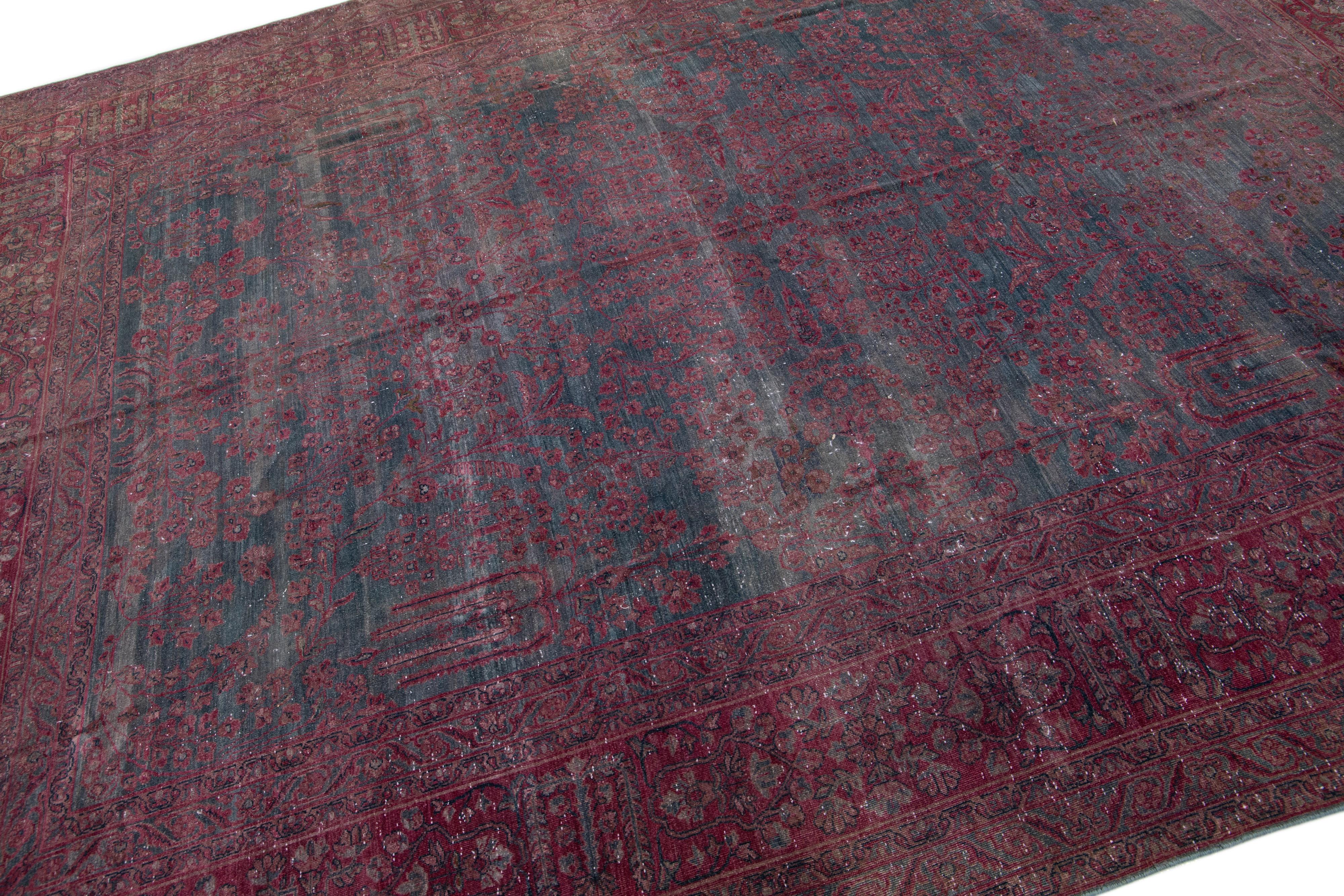 20th Century Gray & Red Handmade Antique Persian Tabriz Wool Rug with Floral Motif For Sale